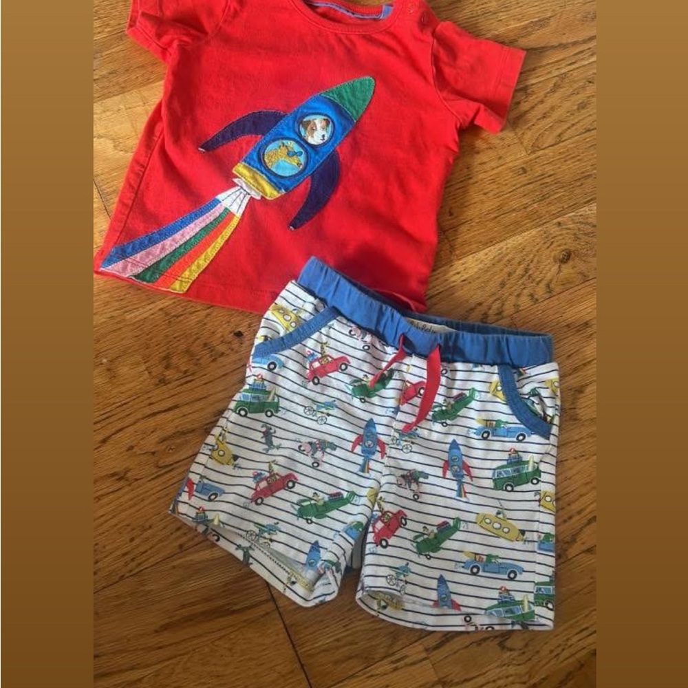 Baby Boden Red Rocket Shirt and Printed Shorts Set